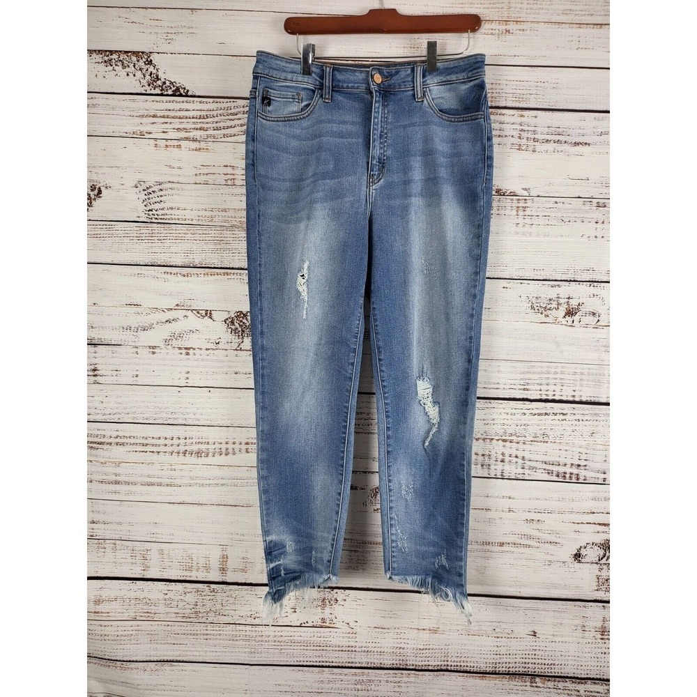 Kancan Distressed Raw Hem Jeans 11/29 Womens Medium Wash Mid Rise Ankle Length